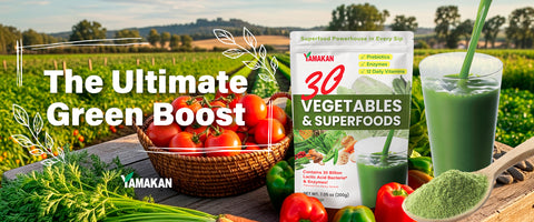 Yamakan vegetables and superfoods package with green smoothie and vegetables on a natural background