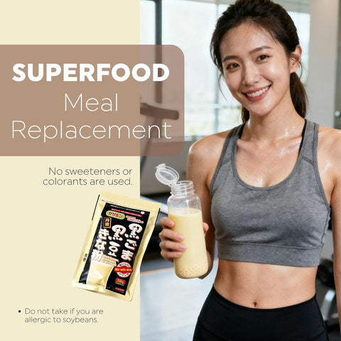 Woman holding a meal replacement shake with packaging, labeled 'Superfood Meal Replacement'.