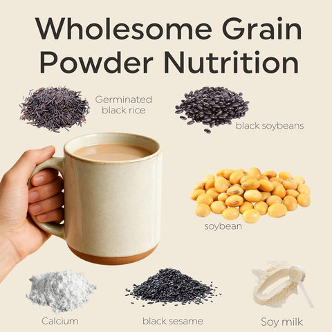Mug of wholesome grain powder with ingredients displayed below on a beige background