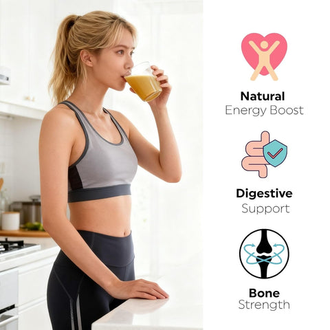 Woman in athletic wear drinking a smoothie with health benefits text and icons on a white background