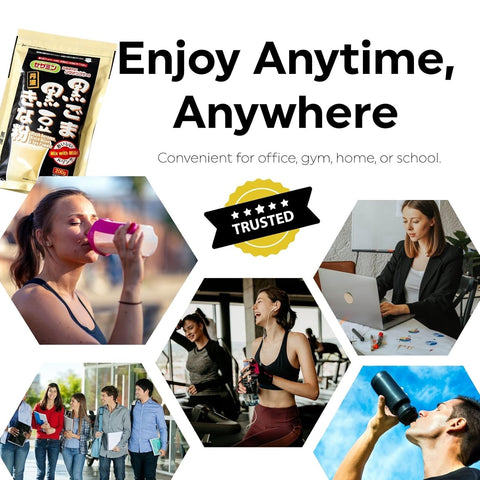 Promotional image with people using a product, text 'Enjoy Anytime, Anywhere', and a star rating badge.