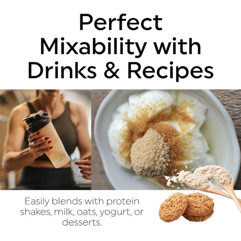 Product packaging with text 'Perfect Mixability with Drinks & Recipes' and images of a person holding a shake and ingredients.