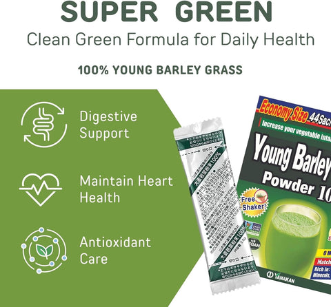 Young Barley Grass powder package with health benefits on a green background