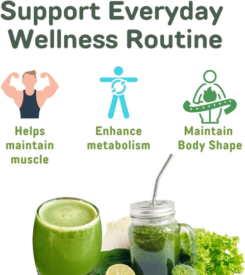 Health and wellness graphic with green smoothie, jar, and icons promoting muscle maintenance, metabolism enhancement, and body shape maintenance.