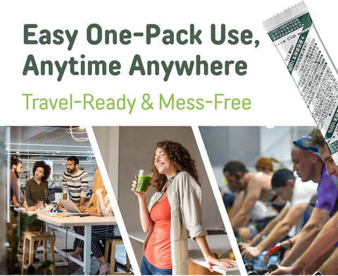 Product packaging with text 'Easy One-Pack Use, Anytime Anywhere' and images of people using the product.